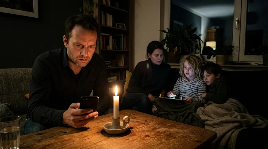 Familie beim Stromausfall im Dunkeln