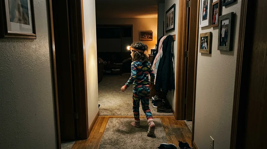 Kind mit Stirnlampe im Dunkeln